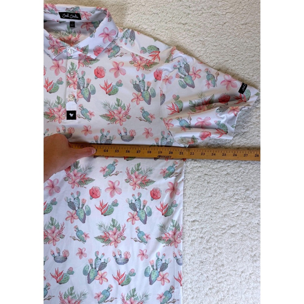 Bad Birdie Mens Cactus Desert Floral Performance Golf Polo Shirt White Pink L - Picture 4 of 8